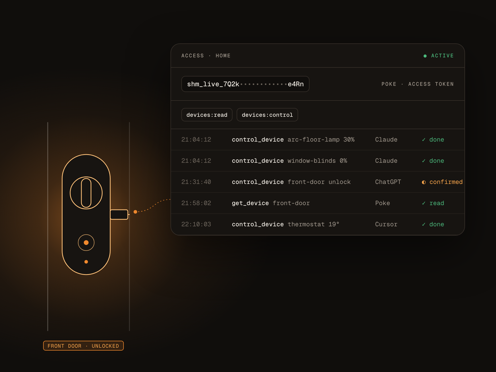 An access panel with the devices:read and devices:control scopes, next to a lit front door lock and a log of control_device calls by Claude, ChatGPT, Poke and Cursor.