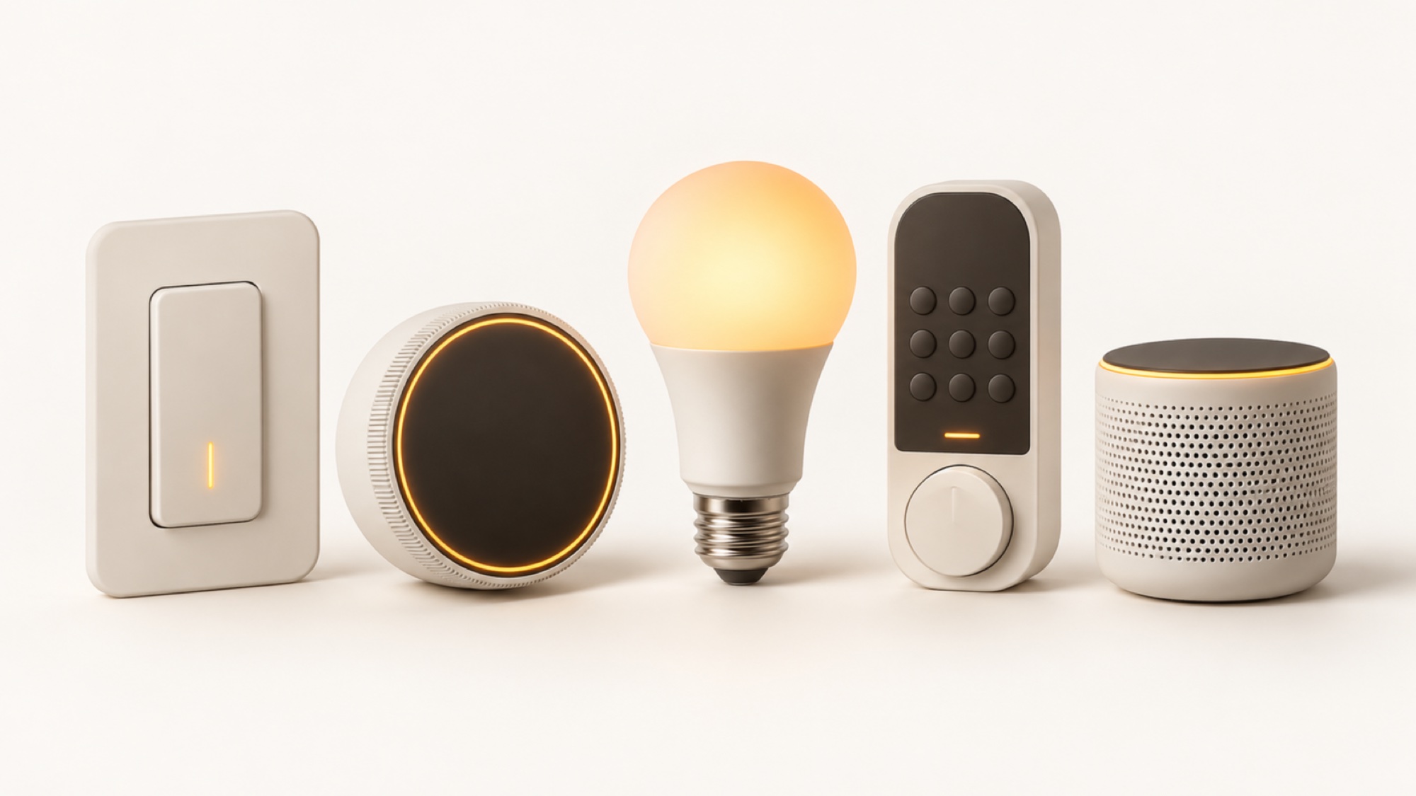 Five smart home devices on a white surface: a wall switch, a round thermostat, a lit bulb, a door lock keypad and a speaker. Each shows one small amber light.